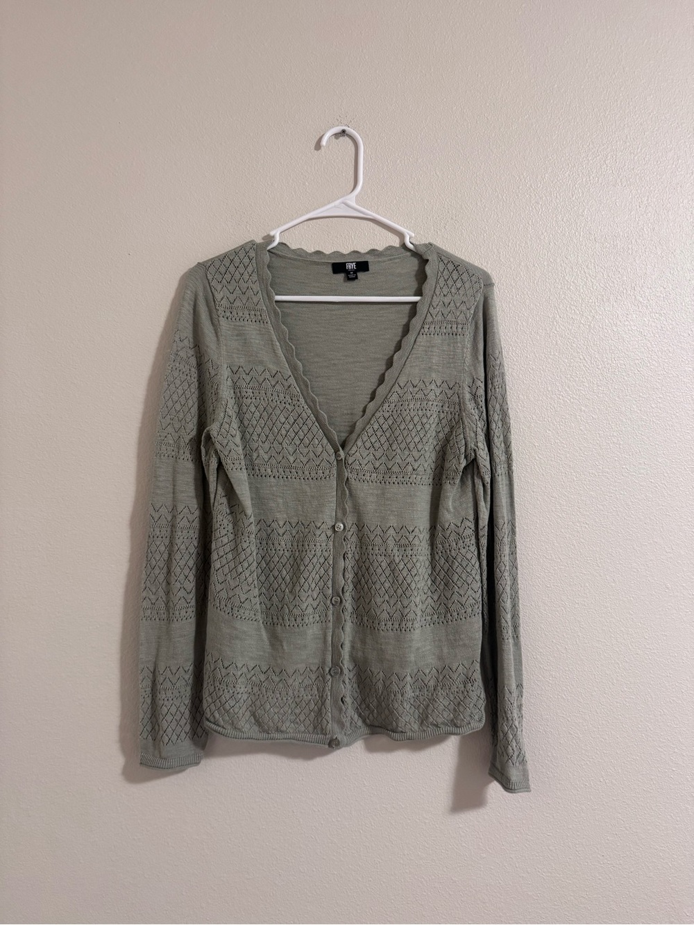 Frye Light Sage Openwork V-Neck Button Cardigan